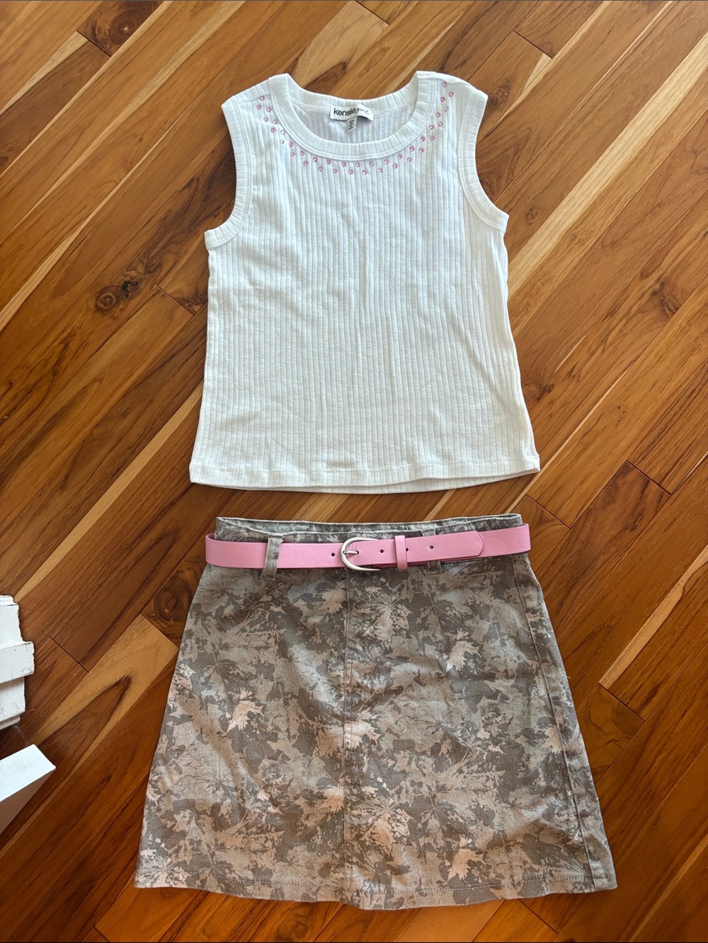 Kensie Girl White Ribbed Tank top with Pink Belt Accent, skort